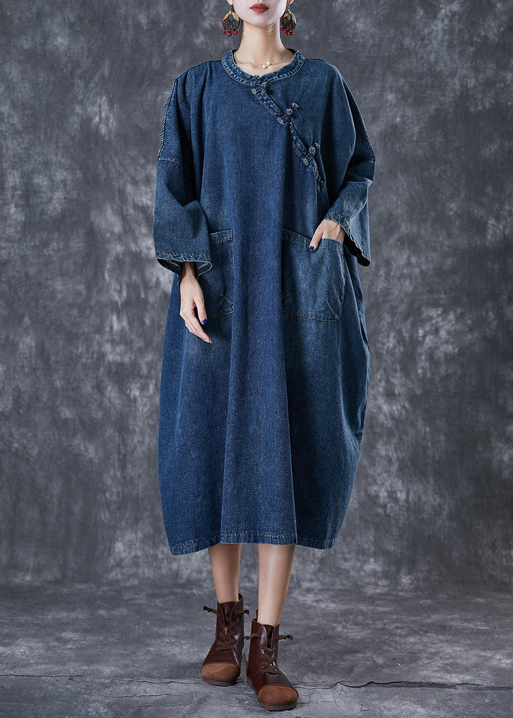 Chic Navy Oversized Chinese Button Denim Maxi Dress Fall