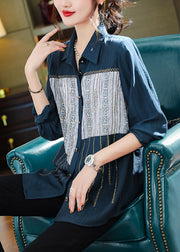 Chic Navy Peter Pan Collar Print Patchwork Button T Shirts Long Sleeve