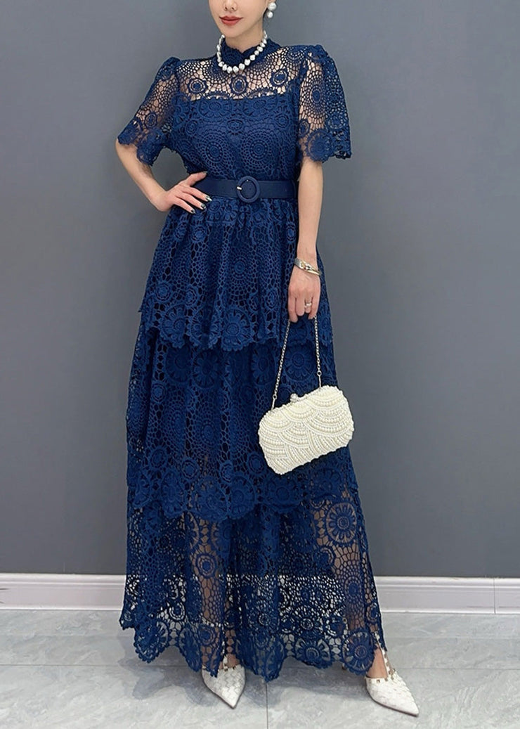 Chic Navy V Neck Sashes Hollow Out Lace Long Dresses Summer