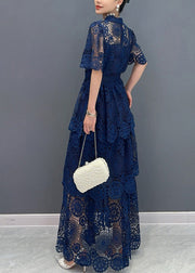 Chic Navy V Neck Sashes Hollow Out Lace Long Dresses Summer