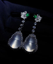 Chic Nude Sterling Silver Inlaid Zircon Jade Gourd Drop Earrings