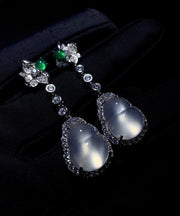 Chic Nude Sterling Silver Inlaid Zircon Jade Gourd Drop Earrings