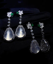 Chic Nude Sterling Silver Inlaid Zircon Jade Gourd Drop Earrings