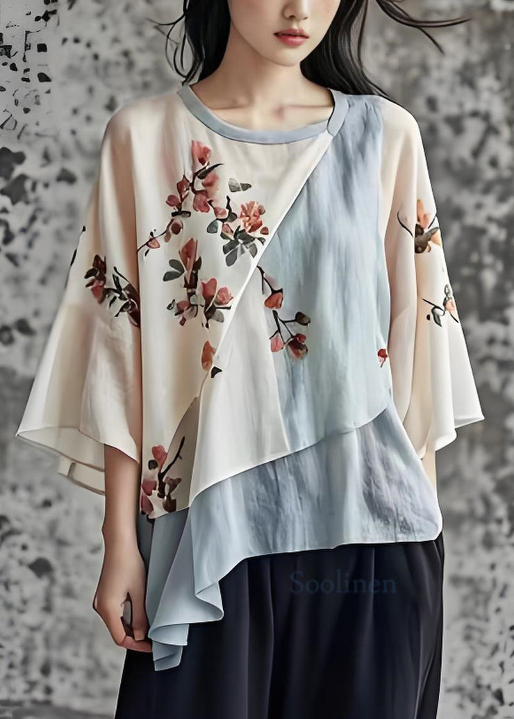 Chic O Neck Print Asymmetrical Patchwork Cotton Top Summer