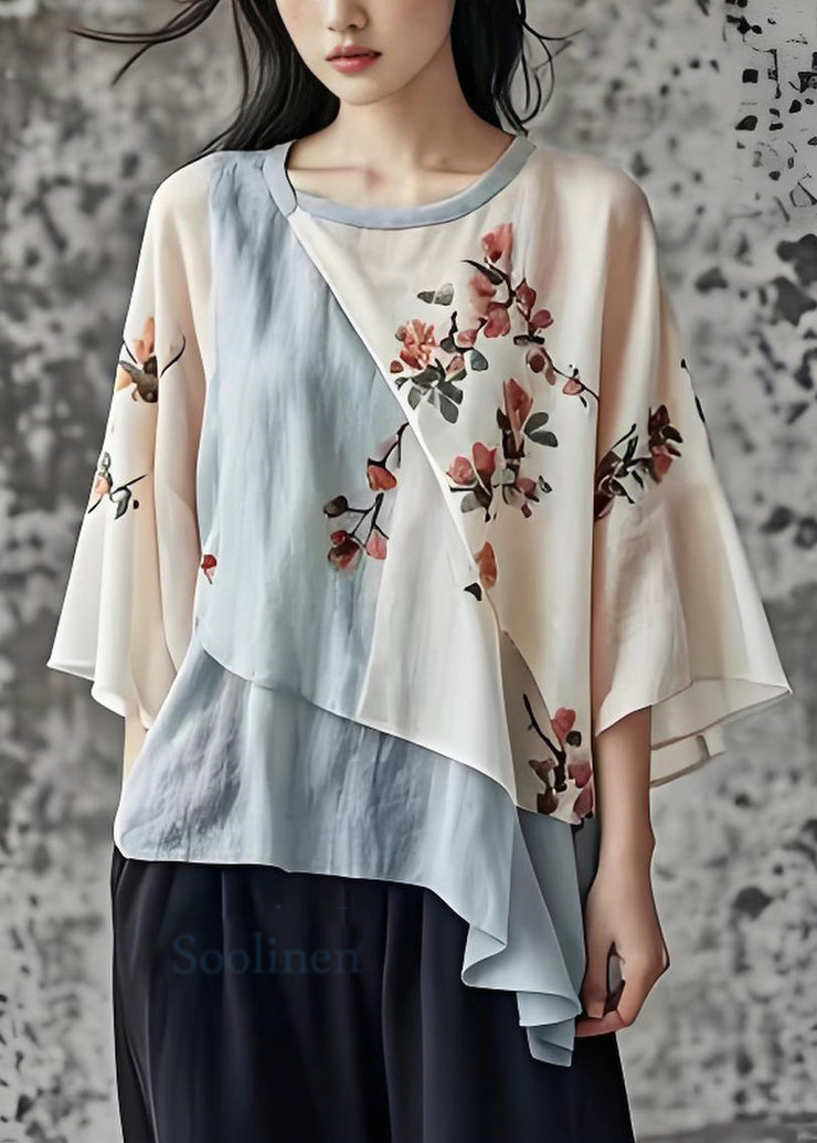 Chic O Neck Print Asymmetrical Patchwork Cotton Top Summer