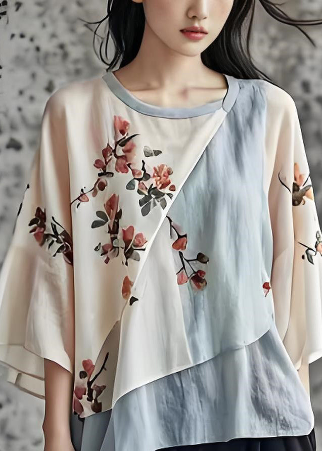 Chic O Neck Print Asymmetrical Patchwork Cotton Top Summer