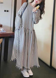 Chic O Neck Striped Patchwork Cotton Long Dresses Long Sleeve