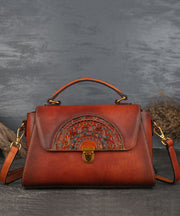 Chic Orange Brown The Sunflowers Calf Leather Tote Handbag