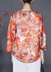 Chic Orange Chinese Button Print Silk Shirts Bracelet Sleeve