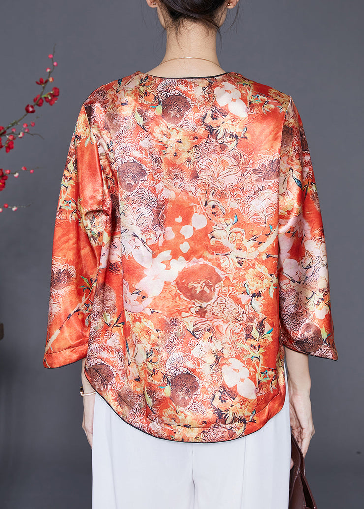 Chic Orange Chinese Button Print Silk Shirts Bracelet Sleeve