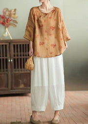 Chic Orange O-Neck Print Patchwork Linen Two Pieces Set Summer