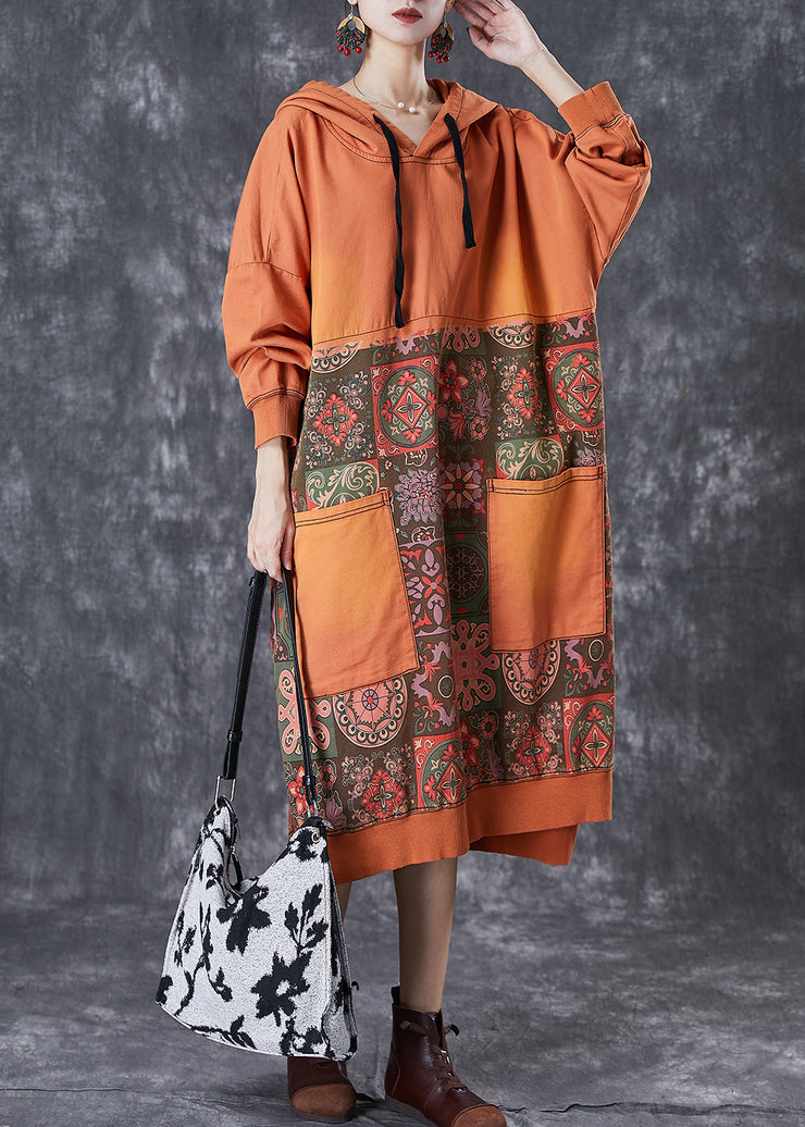 Chic Orange Oversized Patchwork Cotton Pullover Sweatshirt Dress Fall