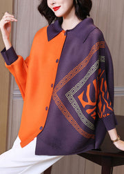 Chic Orange Peter Pan Collar Print Button Shirt Long Sleeve