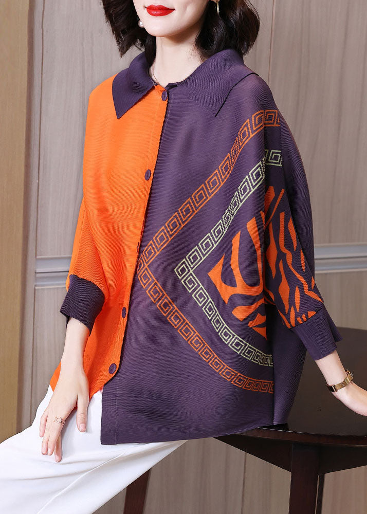 Chic Orange Peter Pan Collar Print Button Shirt Long Sleeve