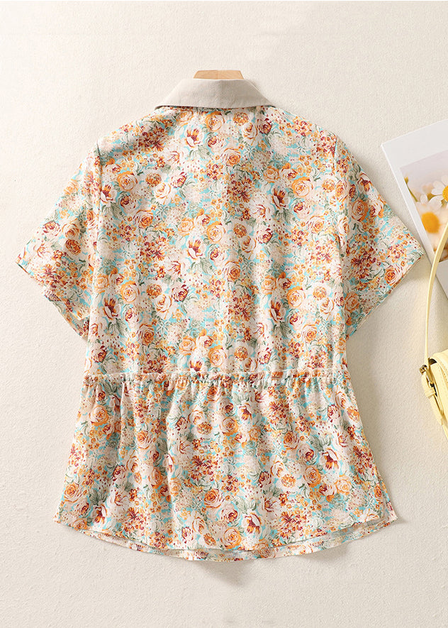 Chic Orange Peter Pan Collar Print Cotton Shirt Summer