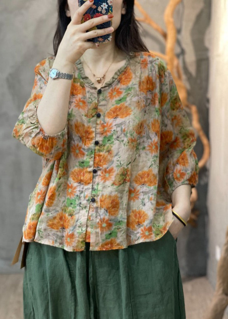 Chic Orange Print Ruffled Patchwork Button Shirt Long Sleeve