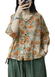 Chic Orange Print Ruffled Patchwork Button Shirt Long Sleeve