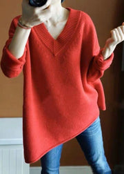 Chic Orange Red V Neck Asymmetrical Knit Pullover Top Winter