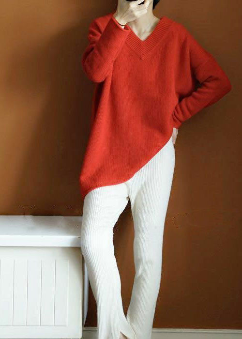 Chic Orange Red V Neck Asymmetrical Knit Pullover Top Winter