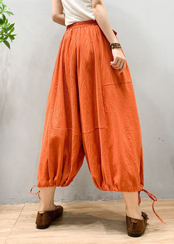 Chic Orange Wrinkled Drawstring Patchwork Linen Lantern Pants Summer