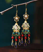 Chic Overgild Jade Cloisonne Peal Floral Drop Earrings