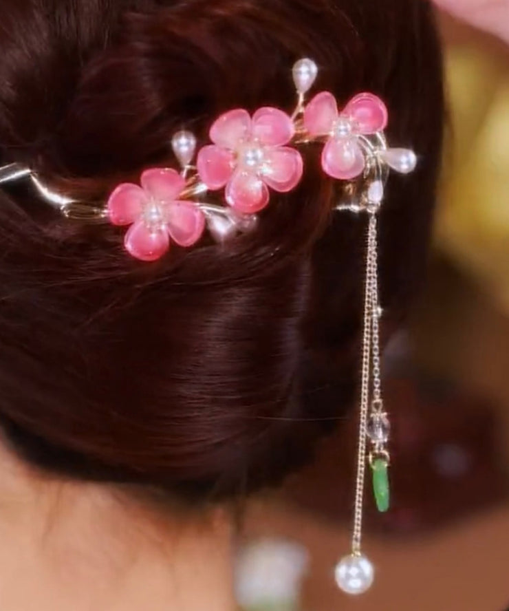 Chic Pink Alloy Pearl Jade Floral Tassel Hairpin