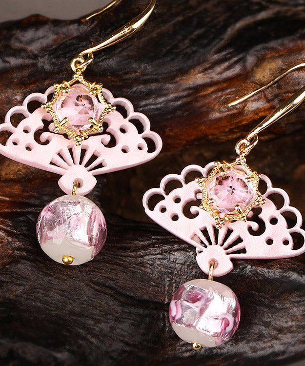 Chic Pink Copper Crystal Coloured Glaze Fan Drop Earrings