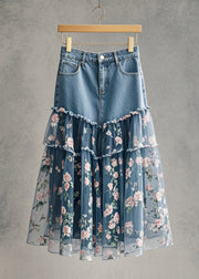 Chic Pink Flower Print Patchwork Tulle Denim Skirt Fall