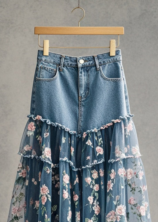 Chic Pink Flower Print Patchwork Tulle Denim Skirt Fall