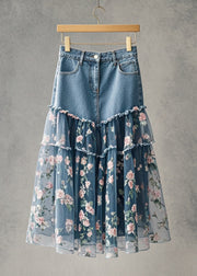 Chic Pink Flower Print Patchwork Tulle Denim Skirt Fall