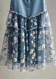 Chic Pink Flower Print Patchwork Tulle Denim Skirt Fall