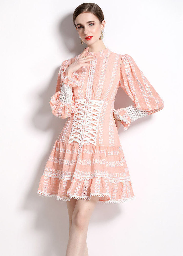 Chic Pink Hollow Out Embroideried Patchwork Chiffon Mid Dress Puff Sleeve