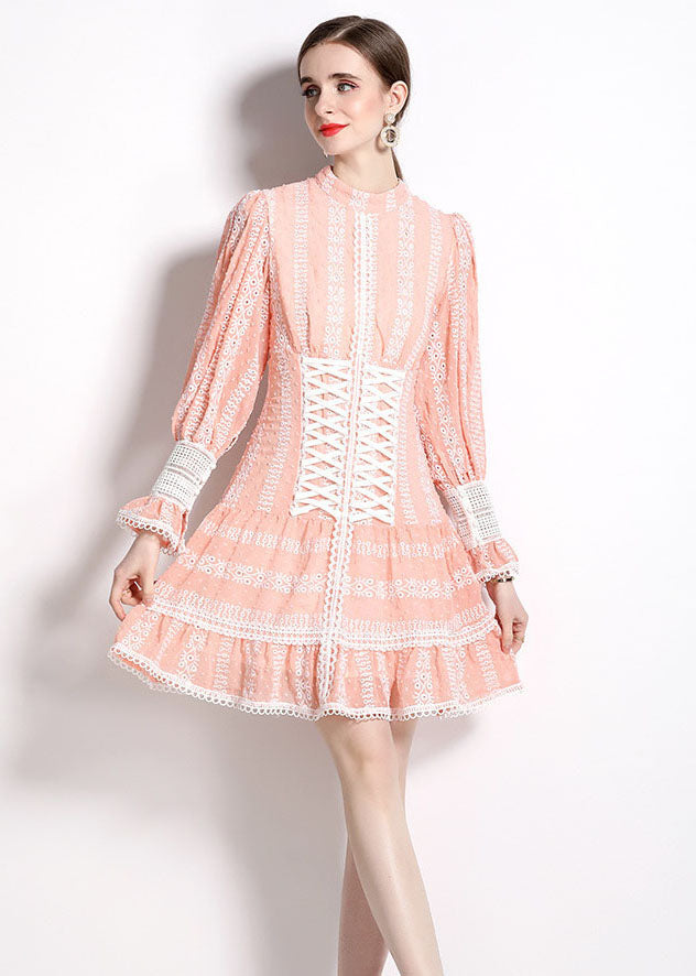 Chic Pink Hollow Out Embroideried Patchwork Chiffon Mid Dress Puff Sleeve