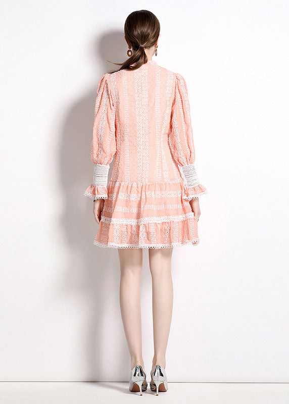 Chic Pink Hollow Out Embroideried Patchwork Chiffon Mid Dress Puff Sleeve