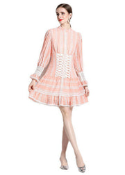 Chic Pink Hollow Out Embroideried Patchwork Chiffon Mid Dress Puff Sleeve