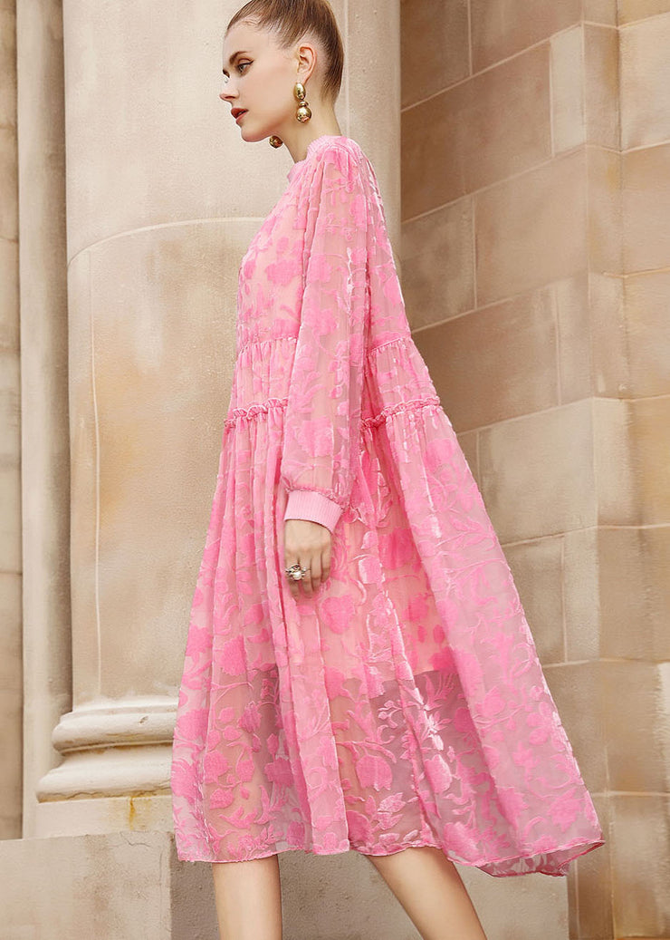 Chic Pink O-Neck Embroidered Patchwork Wrinkled Silk Velour Long Dresses Long Sleeve