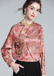 Chic Pink O Neck Jacquard Chinese Button Patchwork Silk Shirt Spring