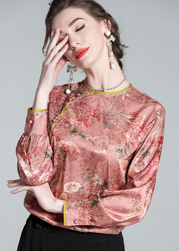 Chic Pink O Neck Jacquard Chinese Button Patchwork Silk Shirt Spring