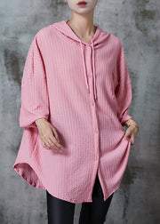 Chic Pink Oversized Striped Cotton Blouses Summer