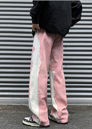 Chic Pink Rough Edge Patchwork Denim Men Pants Fall