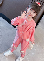 Chic Pink Ruffled Animal Patchwork Cotton Baby Girls Two Pieces Set Fall