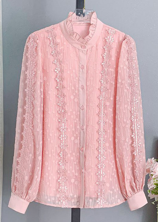 Chic Pink Ruffled Button Lace Shirt Long Sleeve