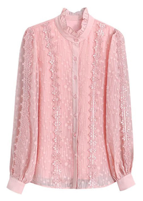 Chic Pink Ruffled Button Lace Shirt Long Sleeve