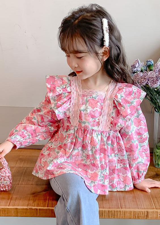 Chic Pink Ruffled Button Print Cotton Girls Shirt Long Sleeve