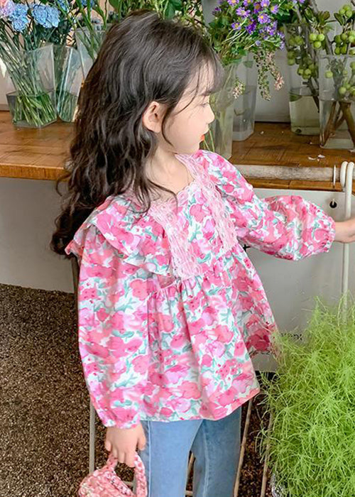 Chic Pink Ruffled Button Print Cotton Girls Shirt Long Sleeve