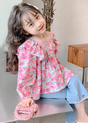 Chic Pink Ruffled Button Print Cotton Girls Shirt Long Sleeve