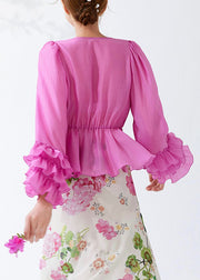 Chic Pink Ruffled Lace Up Cotton Shirt Long Sleeve