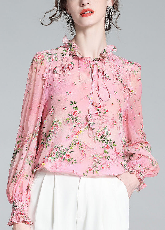 Chic Pink Ruffled Print Tassel Neck TIie Silk Shirt Long Sleeve