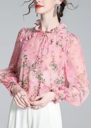 Chic Pink Ruffled Print Tassel Neck TIie Silk Shirt Long Sleeve