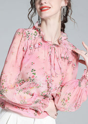 Chic Pink Ruffled Print Tassel Neck TIie Silk Shirt Long Sleeve